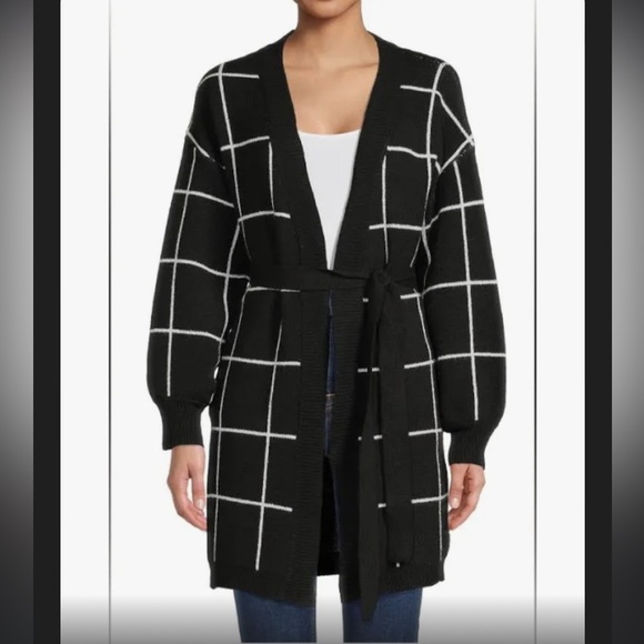Time and Tru Sweaters - Time and Tru Long Black and White Cardigan with Tie Size XXXL